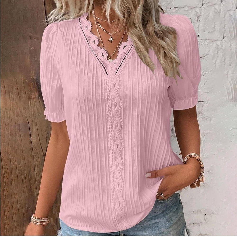 Pink Short Sleeve V Neck Lace Trim Ribbed Blouse Top Extra Large